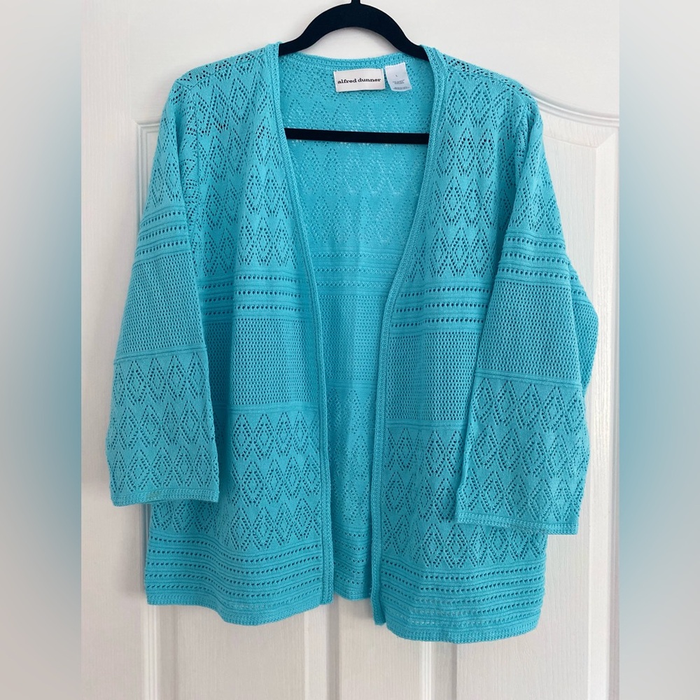Alfred Dunner Turquoise Open Knit Cardigan